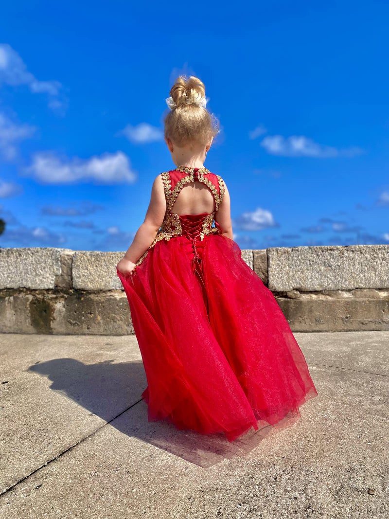 WDE Formal Little Girls Long Pageant Dresses Prom Ball Gown Gold Lace Burgundy Tulle Size 10 - Image 5